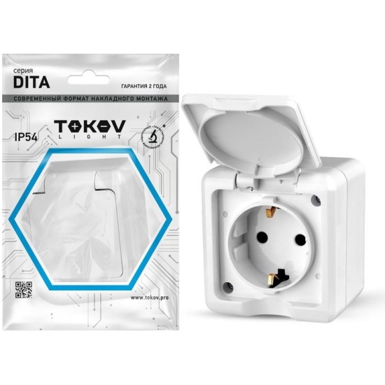 Розетка 1-м ОП 16А IP54 250В с/з с крышкой белый Dita TOKOV ELECTRIK